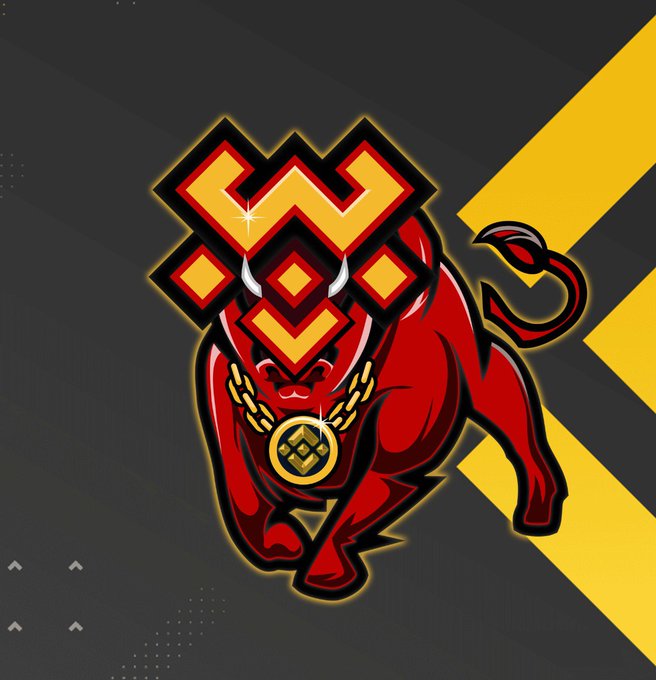 A bold red bull with golden horns charges forward, wearing a gold medallion and adorned with a yellow BNB-style geometric emblem above its head, set against a dark background with diagonal yellow stripes — perfectly visualizing the bullish momentum ("Bullmorning") on the BNB Chain.