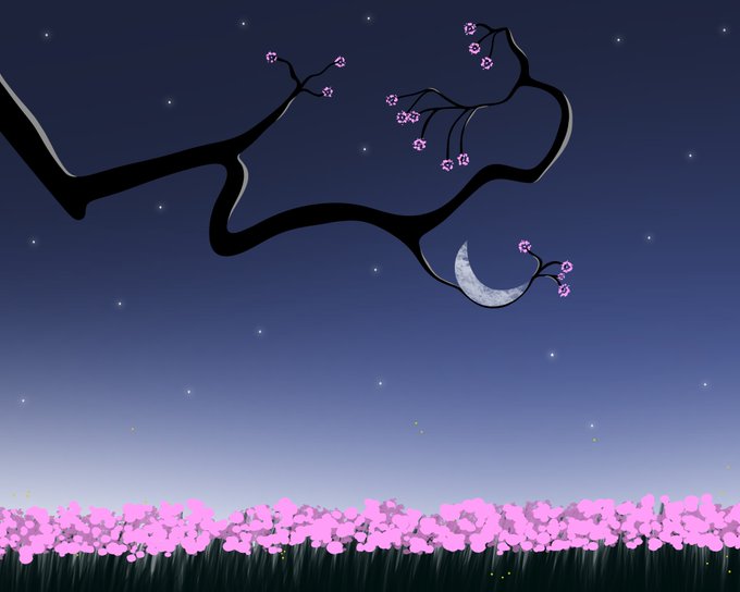Digital illustration of a twilight scene with a crescent moon and pink cherry blossom tree branches reaching across a starry sky above a field of pink flowers.