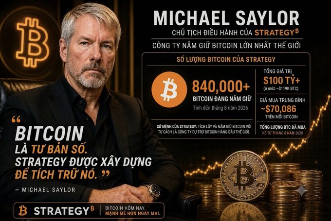 Vietnamese-language infographic featuring Michael Saylor, Chairman of Strategy, highlighting that Strategy holds 840,000+ Bitcoin valued at over $100 billion, with the quote 'Bitcoin is digital property. Strategy is built to store it.'