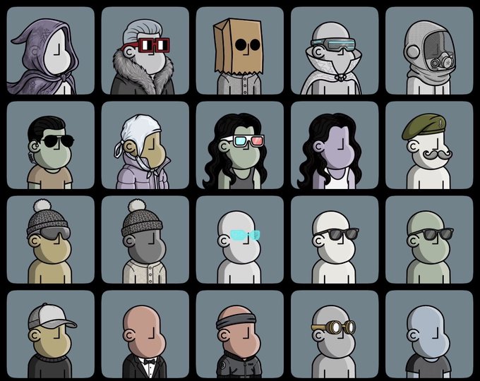 A grid of 20 stylized cartoon NPC character portraits, each with distinctive features like hoods, glasses, hats, and masks, arranged in four rows of five against dark teal backgrounds. The characters represent the "21 NPCs" mentioned in the post, likely from an NFT or blockchain collection tied to NPConChain, with each unique figure potentially corresponding to collectible badges and point-earning opportunities.
