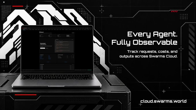 A laptop displays an agent dashboard interface against a futuristic dark background, with the tagline "Every Agent. Fully Observable" promoting Swarms Cloud's ability to track requests, costs, and outputs. The website "cloud.swarms.world" is featured at the bottom right, reinforcing the post's message about dedicated per-agent pages showing full activity, usage, costs, and logs.