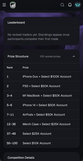 A mobile app screenshot displaying a trading competition leaderboard with a prize structure offering items like iPhone Duo + Select $100K Account for 1st place, PS5 + Select $50K Account for 2nd place, and other tech prizes for ranks 3-100.