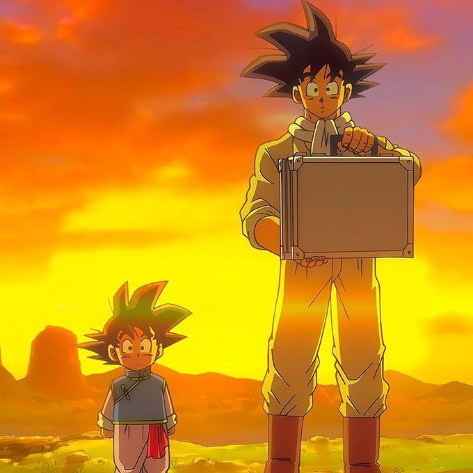 An animated image showing two characters from Dragon Ball, with the adult Goku holding a silver briefcase and young Goten standing beside him against a vibrant orange sunset sky.