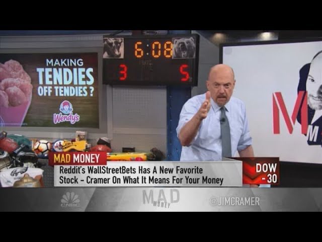A CNBC 'Mad Money' broadcast screenshot featuring Jim Cramer on set with text 'MAKING TENDIES OFF TENDIES?' on a Wendy's sign and 'Reddit's WallStreetBets Has A New Favorite Stock – Cramer On What It Means For Your Money' in the lower third.