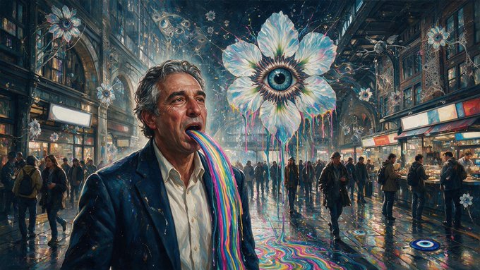 A surreal painting depicts a man with a multicolored stream flowing from his mouth, set against a rainy city street with large, eye-like flowers floating above.