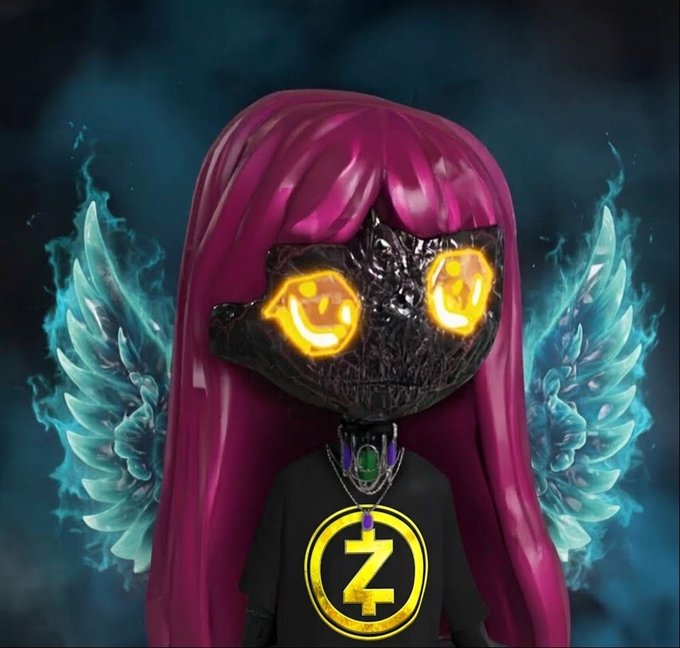 A digital artwork of a stylized character with magenta hair, a dark textured mask with glowing yellow eyes, and blue feathered wings, wearing a black shirt with a yellow Z logo pendant.