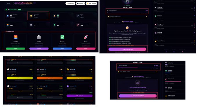 A collage of cryptocurrency platform interfaces labeled 'Activity/Reputation' and 'Burrow' showing dashboards with data points, action buttons (Borrow, Get Bids, Deposit, Repay), and agent AI registration features.