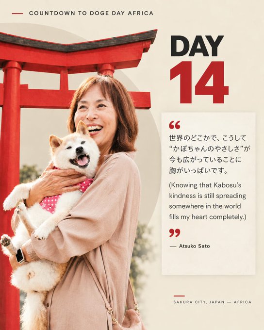 A countdown graphic titled 'COUNTDOWN TO DOGE DAY AFRICA' showing 'DAY 14', featuring a smiling woman named Atsuko Sato with a Shiba Inu dog in front of a red torii gate.