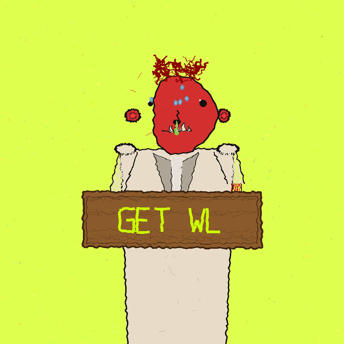 A crude drawing of a red-faced, wounded character on a pedestal displays a wooden sign reading "GET WL," directly promoting the mint and whitelist (WL) spots mentioned in the post for quick buyers at dumbbroker.fun.
