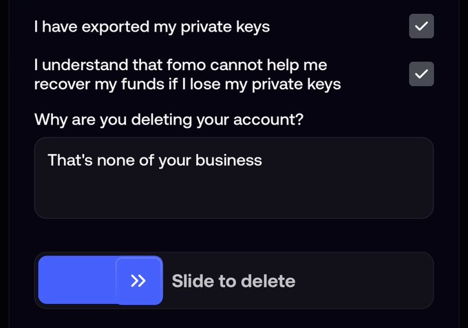 A user-facing deletion screen for "fomo" account shows the user sarcastically answered "That's none of your business" to why they are deleting their account, with a "Slide to delete" button at the bottom. The image directly supports the post's frustration, showing the final step of account deletion after expressing dissatisfaction with the platform.