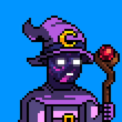 Pixel art of a dark-skinned wizard character with glowing white eyes, wearing a purple robe and a pointed hat with a crescent moon symbol, holding a staff topped with a red gem.