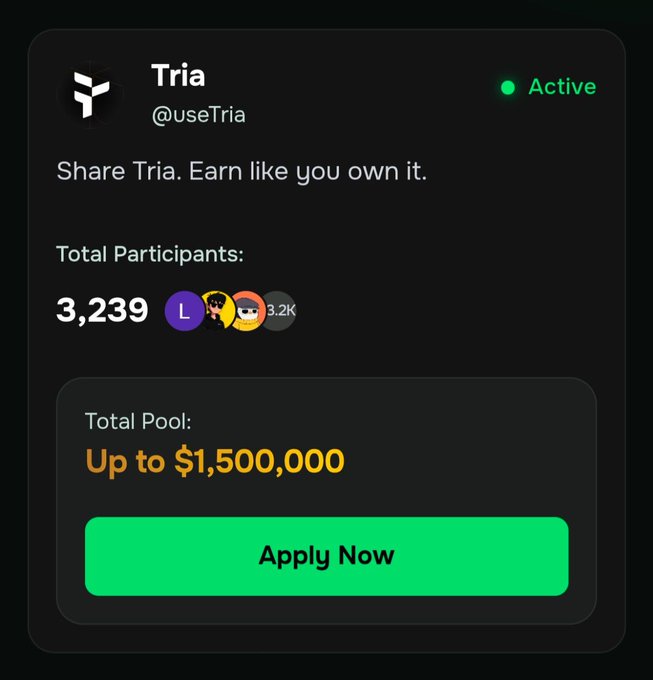 The image is a screenshot of a leaderboard from the social networking website @useTria, which tracks users who have actively participated by pooling their points for rewards. The top portion displays information about the latest epoch of the @useTria leaderboard and the #2K pot of $75k in the early months of its existence. Below this, there is a post written on social media stating that the second epoch of the @useTria leaderboard is rolling, still super early. The post also explains that there are 3.2k peeps competing with $75k pooling available for participating. However, it can't reach $150k yet, and only 64 cards have been sold in the first two months of the @useTria Leaderboard. Additionally, it mentions that early birds often get the worm, implying that those who are active at an earlier stage might be more likely to benefit from the rewards offered by the leaderboard.