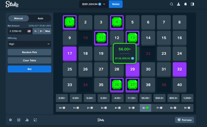 A screenshot of a Stake.com roulette betting interface showing a $2,256.43 bet placed on numbers 1, 4, 11, 12, 17, 29, 32, 36, and 37, with a potential payout of $126,358.93 (56.00×) displayed in a pop-up overlay. The image relates to the post showcasing a high-stakes gambling moment on the Stake platform, likely connected to the promotional giveaway mentioned.