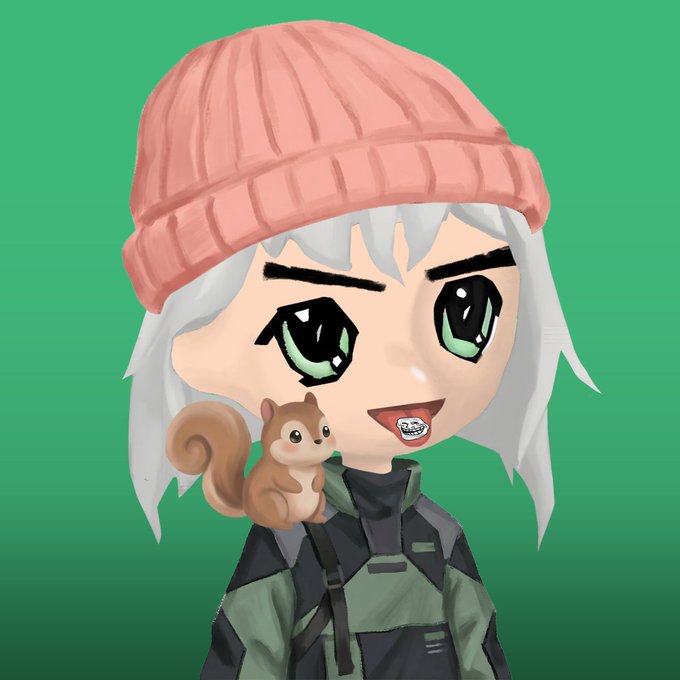 A 3D anime-style character with gray hair, wearing a pink beanie and a green and black outfit, with a small brown squirrel on her shoulder, against a green background.