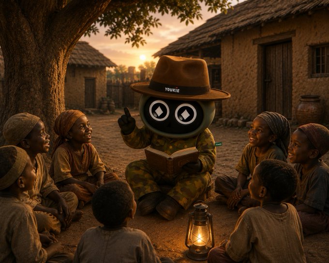 An AI-generated scene shows a robot wearing a hat labeled 'YOUKIE' reading a book to a group of children gathered around in a village at sunset.