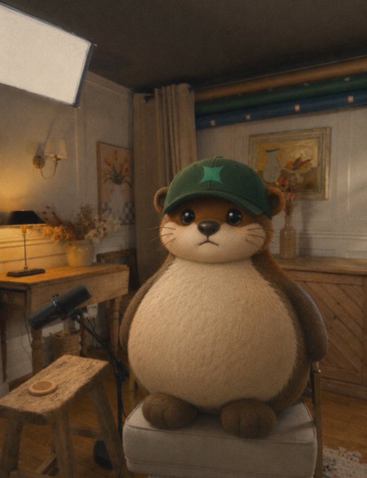 A chubby, stylized otter character wearing a green baseball cap, sitting on a stool in a warmly lit, vintage-style studio setting.