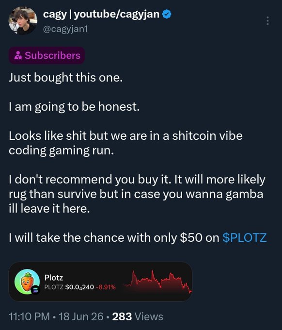 A tweet from cagy (@cagyjan1) discussing buying the $PLOTZ cryptocurrency, warning it might 'rug than survive' while noting he took a chance with $50.