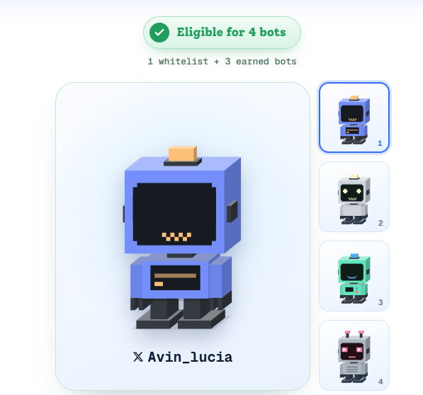 A digital avatar selection interface showing eligibility for 4 bots (1 whitelist + 3 earned), featuring a blue robot character named "Avin_lucia" alongside other selectable bot options.