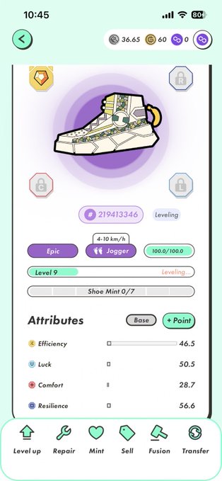 A mobile app screen displays details for an 'Epic' level 9 'Jogger' sneaker with attributes like Efficiency, Luck, Comfort, and Resilience.