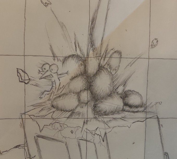 A hand-drawn pencil sketch showing a small cartoon creature flying through a shattered window amid a billowing cloud of smoke, overlaid with a grid pattern typical of NFT artwork layout.

The image illustrates the post's point about NFTs that prioritize artistic skill—the visible grid suggests the 288 unique pieces in the "Lucid Chapter" collection, while the raw pencil shading and chaotic scene showcase the fully hand-drawn craftsmanship the author admires.
