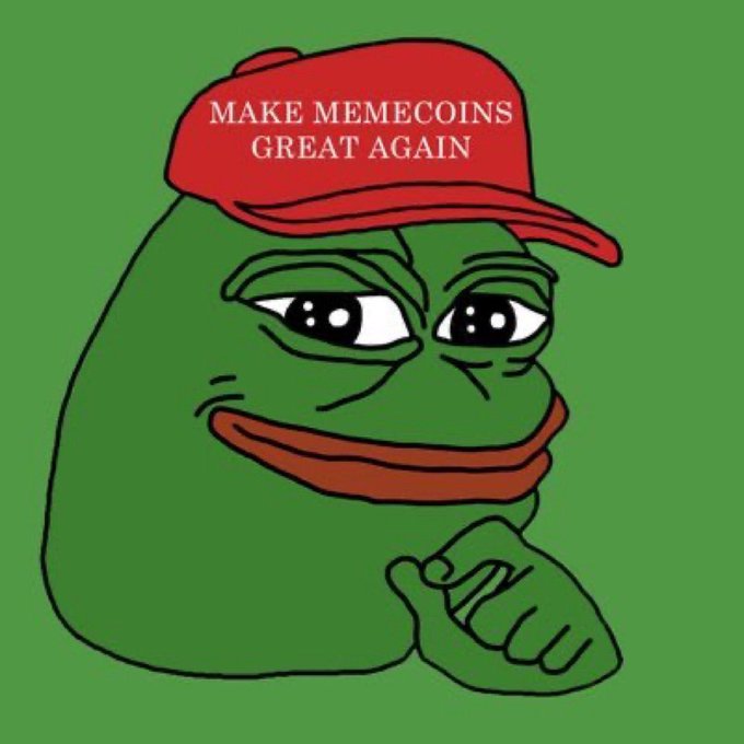A Pepe the Frog meme wearing a red MAGA-style cap with the text 'MAKE MEMECOINS GREAT AGAIN' on a green background.