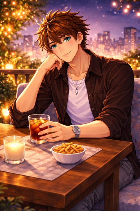 An anime-style young man sits at a nighttime café table with a drink, fries, and a lit candle, with a glowing city skyline behind him.