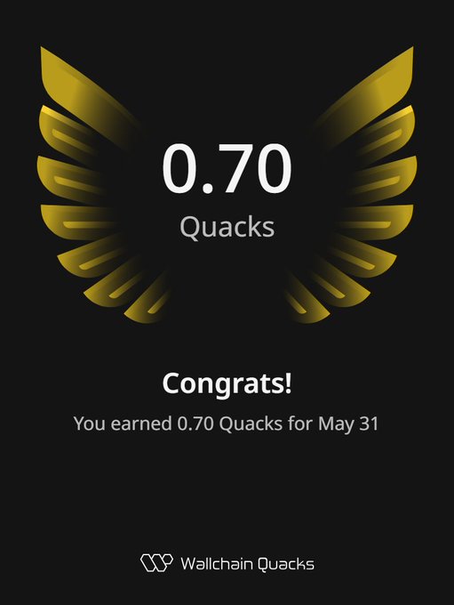 The image features a poster with a gold-colored bird's wing design at the top. Below the wing design, there is text that congratulates the user for earning 0.7 Quacks (a type of currency) during the week of May 31st. The poster also includes an "@wallchainQuacks" logo in the bottom right corner and a "Wallchain Quacks" caption at the top left corner.