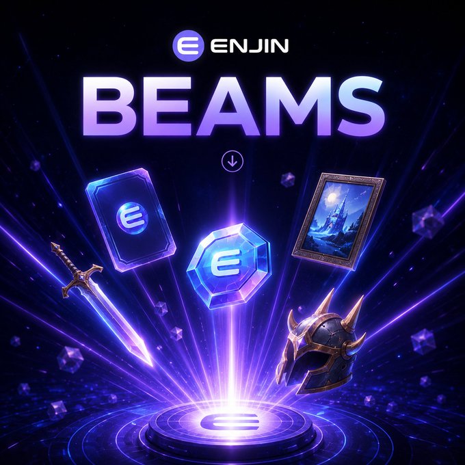 A promotional graphic for "ENJIN BEAMS" featuring the Enjin logo at the top and various fantasy game items—a sword, a card with the Enjin "E" symbol, a framed castle artwork, a crystalline Enjin token, and a horned helmet—floating above a glowing circular platform with light beams radiating outward. The image visually represents Enjin's QR code-based "Beam" technology, which simplifies NFT claiming by replacing manual wallet address copying with a simple scan, as highlighted in the accompanying post.