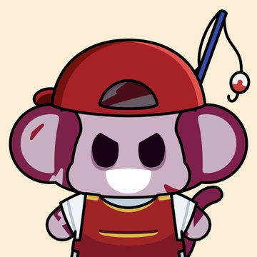 A cartoon-style illustration of an angry purple monkey character wearing a red fishing hat with a bobber attached, a red apron over a white shirt, set against a beige background.