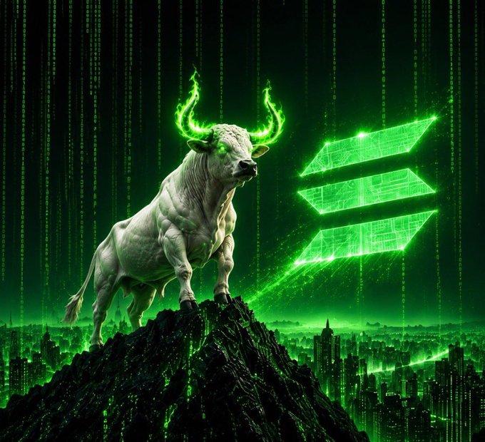 A glowing white bull with neon green horns and eyes stands atop a rocky peak overlooking a digital cityscape, set against a Matrix-style backdrop of falling green code and a glowing Solana logo. The image visually amplifies the post's call to action, using the iconic "bullish" symbol and the Solana emblem to rally viewers who hold zero $SOL to buy in.