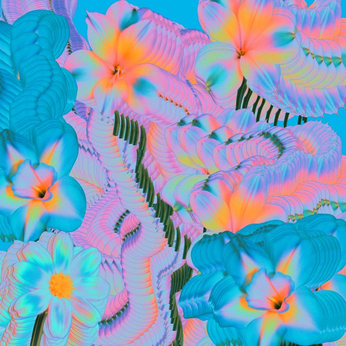 A vibrant, surreal digital artwork featuring pink and blue flower-like forms with iridescent rainbow gradients against a bright cyan sky.