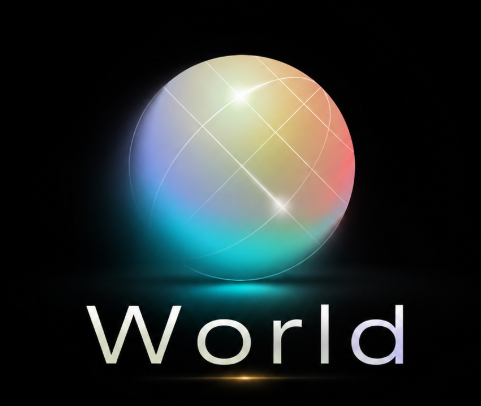 A glowing multicolored sphere with grid lines sits above the word "World" on a black background.