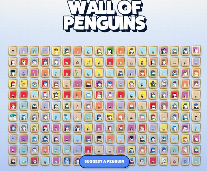 A grid of hundreds of small penguin avatars is displayed under the bold title 'WALL OF PENGUINS', with a blue 'SUGGEST A PENGUIN' button at the bottom.