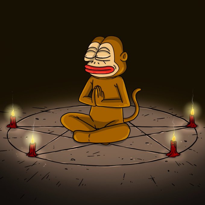 A cartoon illustration of a monkey sitting cross-legged in a meditation pose within a pentagram surrounded by five lit red candles.
