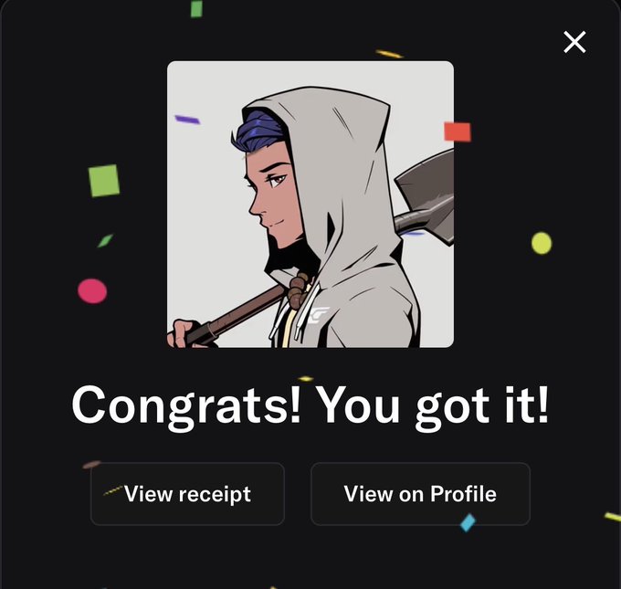 A celebratory "Congrats! You got it!" screen from what appears to be an NFT marketplace, showing an anime-style hooded character with blue hair holding an axe, surrounded by confetti, with "View receipt" and "View on Profile" buttons. The image confirms the success of acquiring a new AZUKI Elemental NFT, matching the post's excitement about adding to their collection.