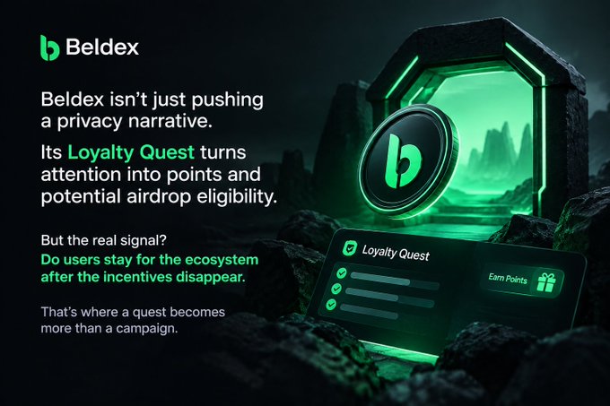 A promotional graphic for Beldex featuring its 'Loyalty Quest' that converts user attention into points and potential airdrop eligibility, asking whether users will stay for the ecosystem after incentives disappear.