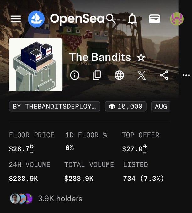 Screenshot of the OpenSea NFT marketplace page for the collection 'The Bandits' by thebanditsdeploy..., showing a floor price of $28.7 and 10,000 items.