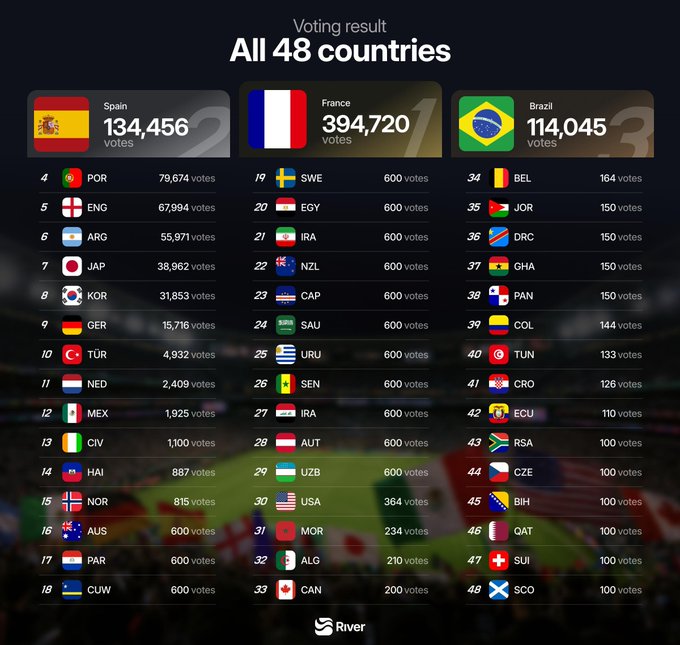 The image shows a chart that displays all 48 countries with their vote counts, including the ranking of those votes from highest to lowest. The chart is organized in a way that makes it easy for viewers to see each country's vote results side-by-side, which can help compare different countries' performance and voting patterns more efficiently.
