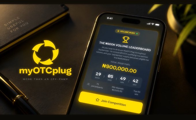 The image showcases the myOTCplug app displayed on a smartphone, featuring a "Volume Rush" leaderboard with a ₦900,000 total prize pool and a countdown timer of 19 days, 5 hours, 49 minutes, and 42 seconds, along with a yellow "Join Competition" button. This visual ties directly into the post by highlighting the app's versatility as a multi-functional platform for handling crypto transactions like cashing out, swapping, and paying bills all in one place.