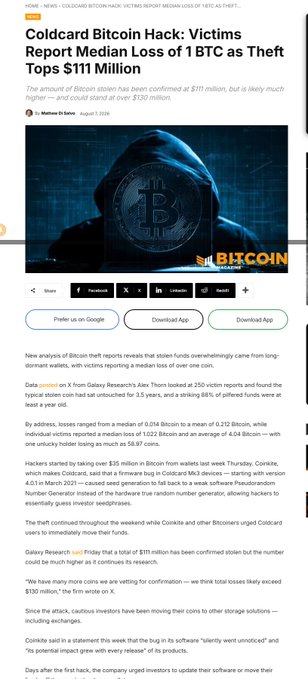 A news article headline reads "Coldcard Bitcoin Hack: Victims Report Median Loss of 1 BTC as Theft Tops $111 Million," dated August 2, 2026, featuring an image of a hooded figure holding a Bitcoin logo.