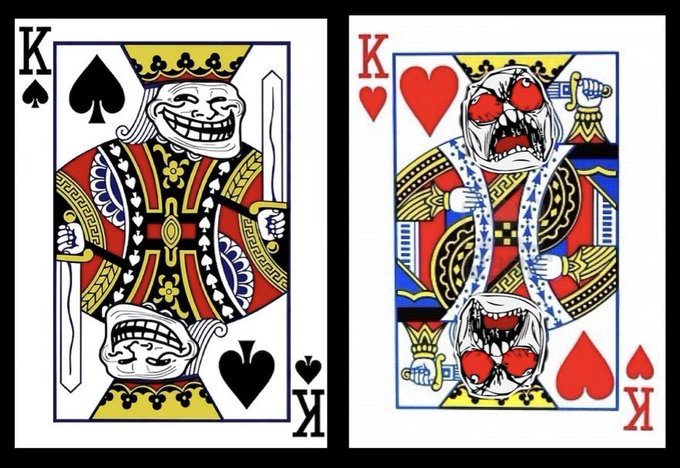 The image features two cards, one of which has a king with a red heart and a jester holding a sword, while the other card shows a king with a red heart and a jester holding a gun. The text "MY SOLANA PORTFOLIO NEVER LOOKED SOO OO GOOD YET SOOOOO BADDDD FRENEMIES POCKET KINGS THE PERFECT PAIR ON SOLANA" is present, which seems to be related to the cards in the image.