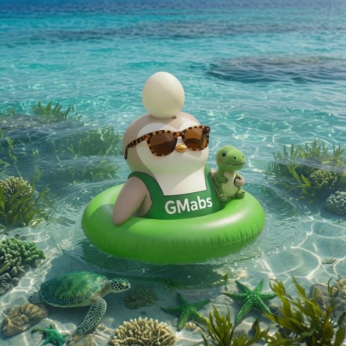 A 3D rendered cartoon figure wearing sunglasses and a green 'GMabs' shirt floating in a green inner tube in clear tropical water with a turtle and starfish below.