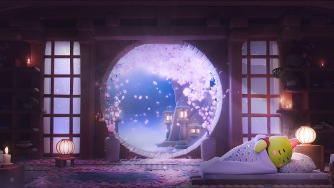 A serene, pink-hued anime scene of a traditional Japanese room with a large circular window showing a cherry blossom tree, lanterns, and a small yellow character sleeping on a pillow.