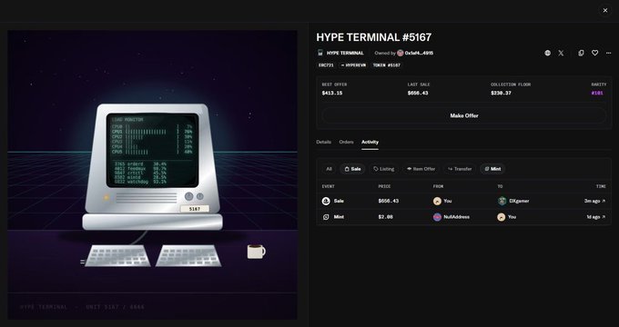 A screenshot of an NFT marketplace showing an item titled 'HYPE TERMINAL #5167' with a CRT monitor and keyboard, priced at $413.15 with a last sale of $556.43 and a collection floor of $238.37.