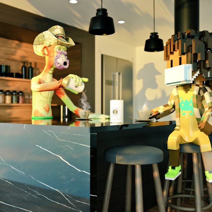 A 3D-rendered scene shows a zombie-like character with a cowboy hat and a Minecraft-style blocky character sitting at a marble coffee bar with steaming drinks.
