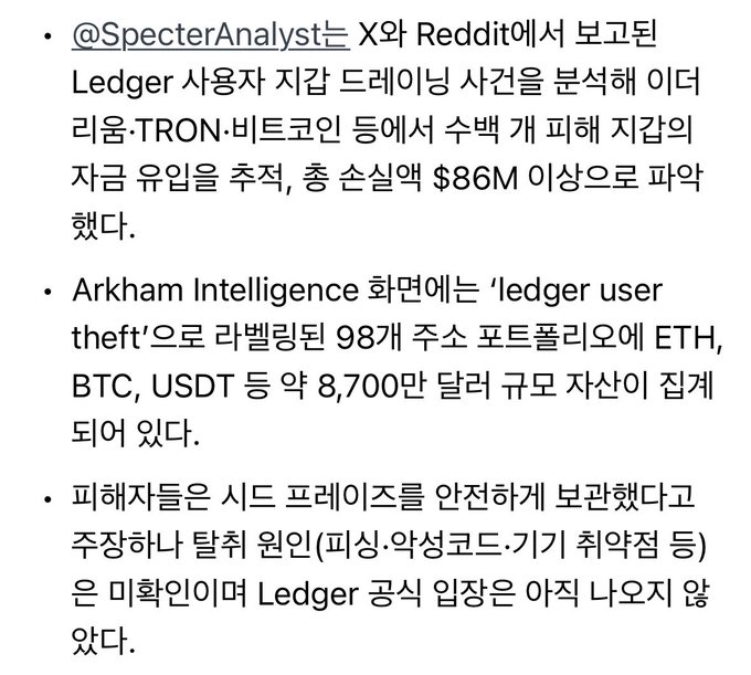 The image is a Korean-language text excerpt discussing the Ledger hack, reporting that SpecterAnalyst analyzed on-chain "Ledger drainer" transactions and estimated losses at over $86M, while Arkham Intelligence flagged 98 "ledger user theft" addresses collectively receiving ~$87M in ETH, BTC, USDT, etc., and that victims were urged to secure their seed phrases—contextualizing the post's claim about hardware wallet vulnerabilities and self-custody concerns.