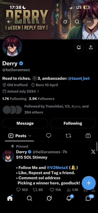 A social media profile page for "Derry" (@helloramses), verified, with 1.7K following and 2.9K followers, displaying an anime-style banner featuring a red-haired character and a pinned post about a $15 SOL Stimmy contest.