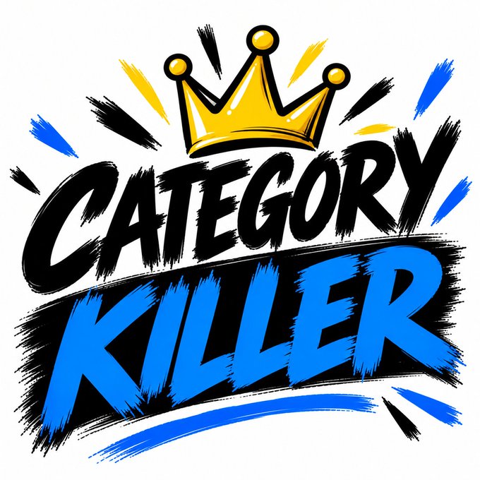 A bold graphic design with a yellow crown above brushstroke-style text reading 'CATEGORY KILLER' in black and blue on a white background.