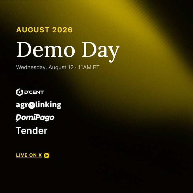 The image is a promo graphic for a "Demo Day" event on Wednesday, August 12 at 11AM ET, featuring D'CENT, agriLinking, DomiPago, and Tender, set to "Live on X" with a dark background and golden spotlight effect. It ties to the post by teasing a sneak peek of tomorrow's Demo Day lineup, with D'CENT among the featured projects.
