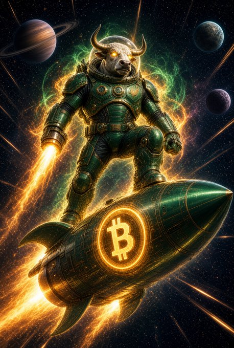 A digital artwork of a bull-headed astronaut in green armor riding a Bitcoin-branded rocket through space, surrounded by planets and flames.